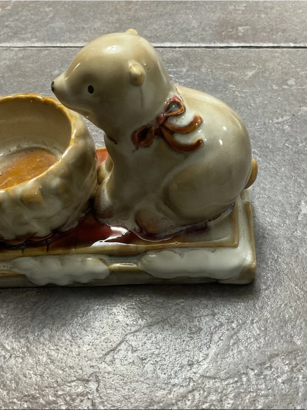 Ceramic Girl & Dog Candle Holder - Green, Red, Cream